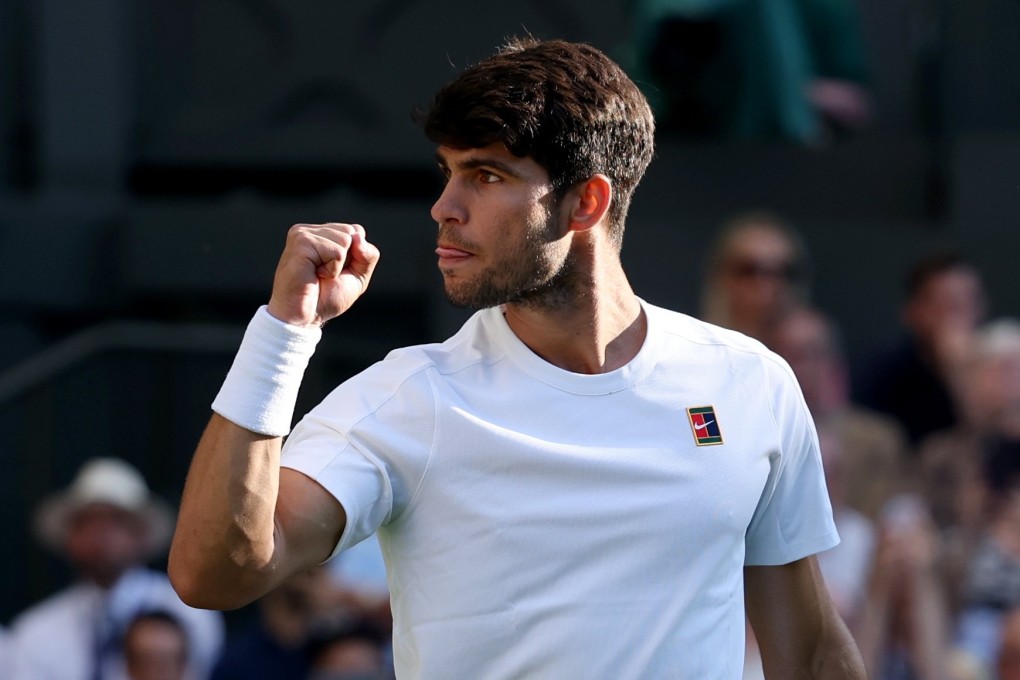 Carlos Alcaraz of Spain celebrates winning his men’s quarterfinal match against Cameron Norrie of Britain at the Wimbledon Championships on Tuesday. Photo: EPA