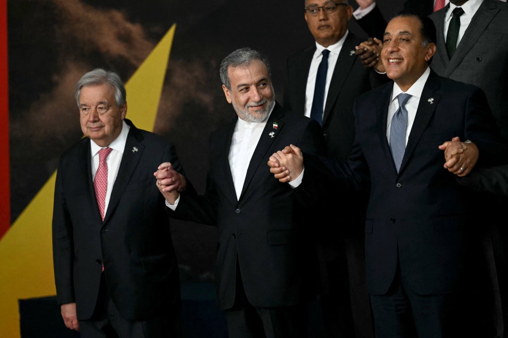 From the left, United Nations Secretary General Antonio Guterres, Iranian Foreign Minister Abbas Araghchi and Egyptian Prime Minister Mostafa Madbouly pose for a photo of heads of state and governments of member, partner and external engagement countries during the Brics summit in Rio de Janeiro, Brazil, on July 7. Brics leaders took aim at US President Donald Trump’s tariffs and recent Israeli-US strikes on Iran. Photo: AFP