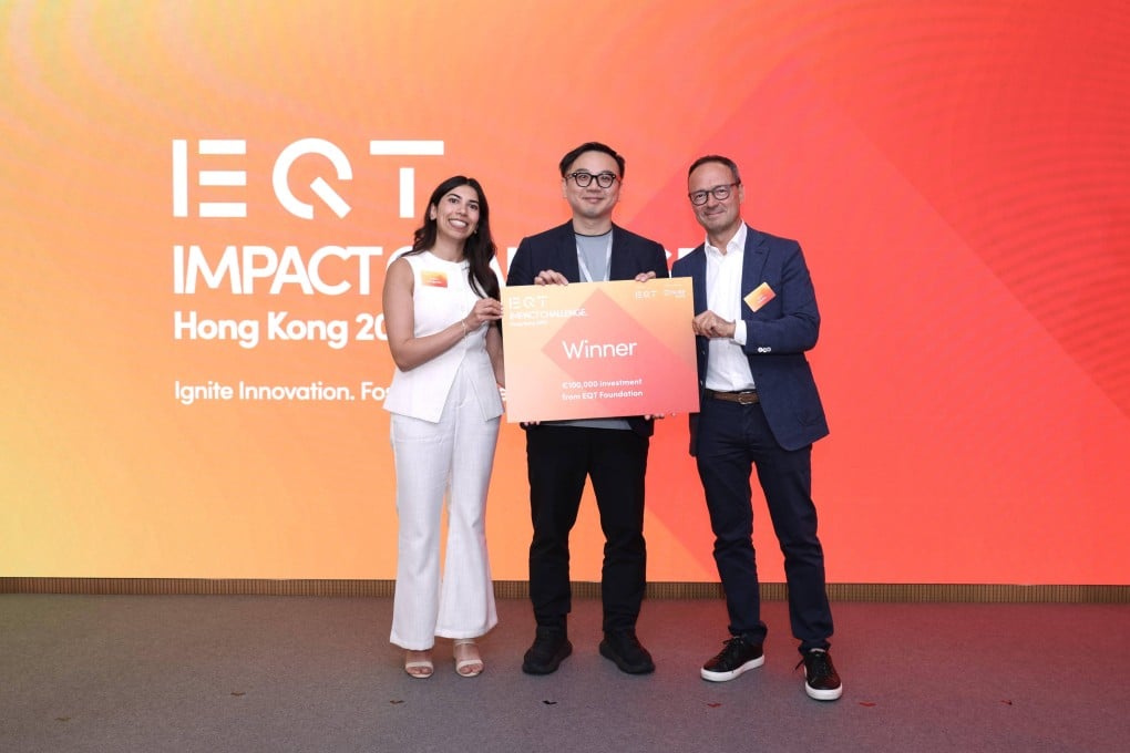 Louis Sze (centre), CEO of Syngular Technology, receives first prize in the 2025 EQT Impact Challenge from EQT Asia’s chairperson Jean Eric Salata (right) and EQT Foundation’s investment lead Anjum Rangwala (left) in Hong Kong on July 10, 2025. Photo: SCMP