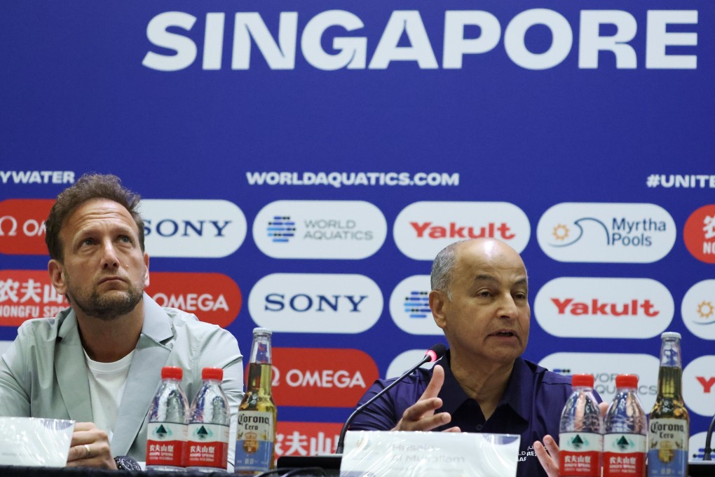 Brent Nowicki (left), World Aquatics’ executive director, and  Husain Al Musallam, the body’s president, at the opening press conference of the World Aquatics Championships in Singapore on Thursday. Photo: EPA
