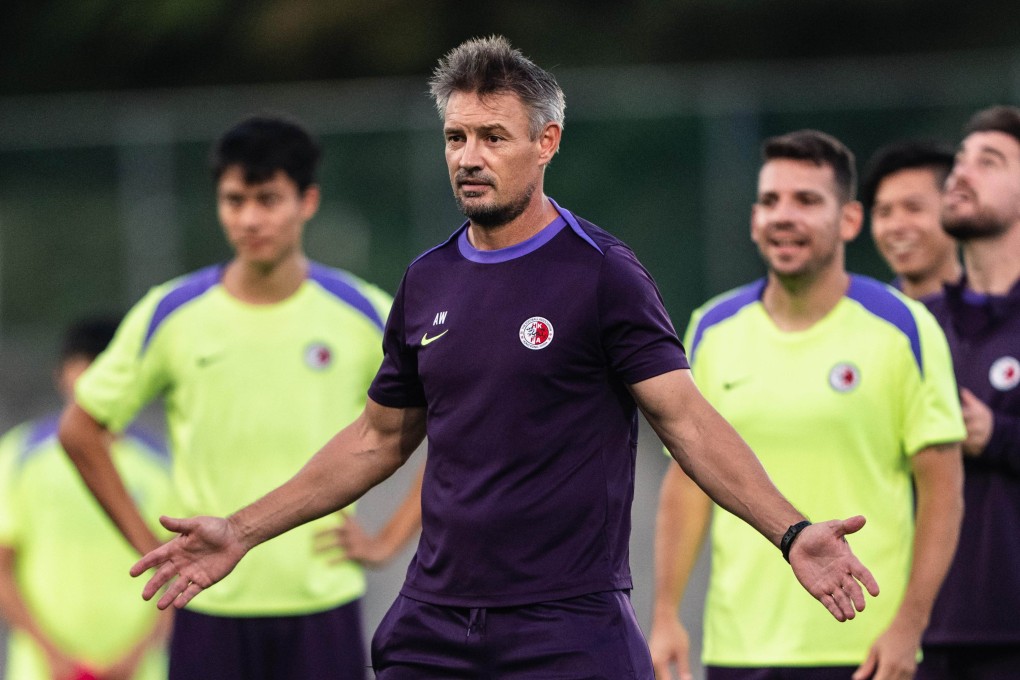 Ashley Westwood enjoys a lighter moment in training as Stefan Pereira (right) and Kyle Lau (left) watch on. Photo: HKFA