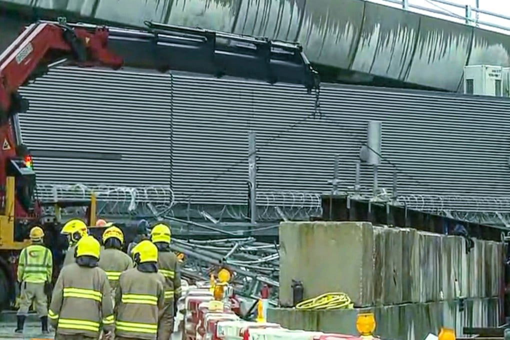 A worker was killed by a fallen iron beam at a construction site near the border-crossing facilities at Hong Kong’s mega bridge connecting mainland China and Macau. Photo: Now TV news