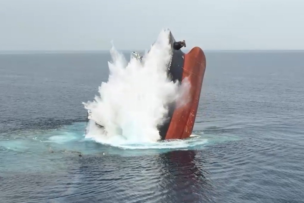 The Liberian-flagged bulker, Eternity C, sinking after being attacked in the Red Sea off the coast of Yemen. Photo: Houthis’ media centre via EPA