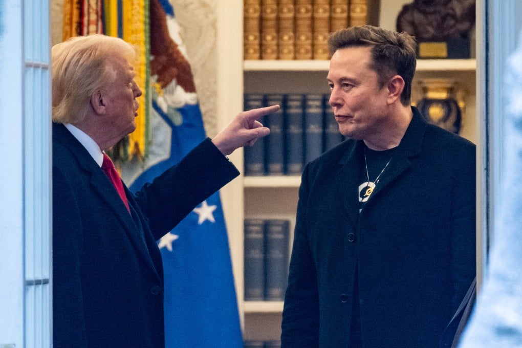 US President Donald Trump (left) and and Tesla founder Elon Musk, speak in the Oval Office before departing the White House in Washington for Trump’s residence at Mar-a-Lago in Florida on March 14. Trump and Musk’s unlikely political marriage exploded in a fiery public divorce on June 5. Photo: AFP/Getty Images/TNS)