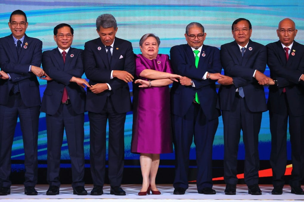 Southeast Asian foreign ministers pose for a group photo ahead of the plenary session of the 58th Asean Foreign Ministers’ Meeting in Kuala Lumpur on July 9, 2025. From left: Thailand’s Maris Sangiampongsa, Vietnam’s Bui Thanh Son, Malaysia’s Mohamad Hasan, the Philippines’ Theresa Lazaro, Brunei’s Erywan Yusof, Cambodia’s Prak Sokhonn and Myanmar’s representative Kyaw Nyun Oo. Photo: EPA