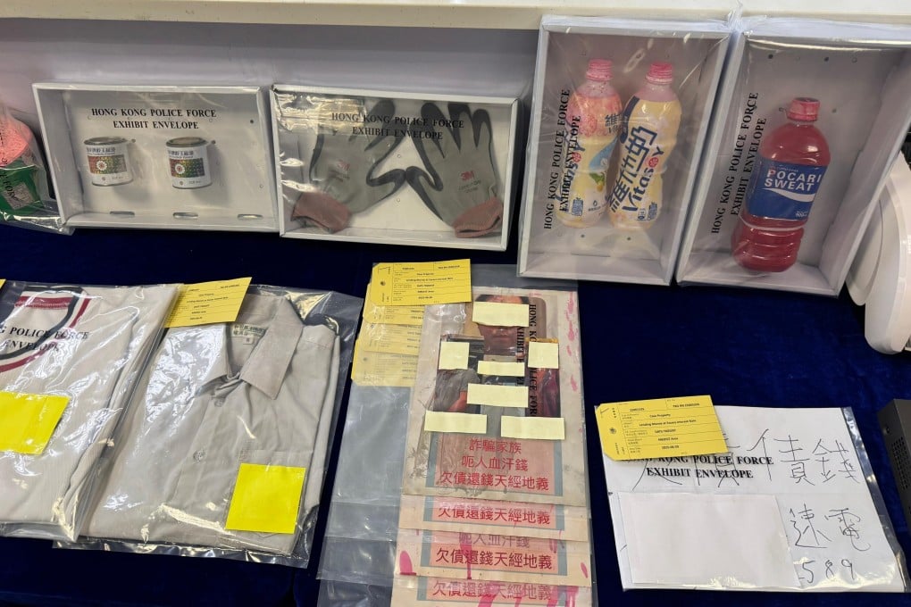 Gloves, paint and humiliating posters were among the accoutrements of suspected debt collectors recently arrested by Hong Kong police on suspicion of criminal damage and intimidation. Photo: Handout