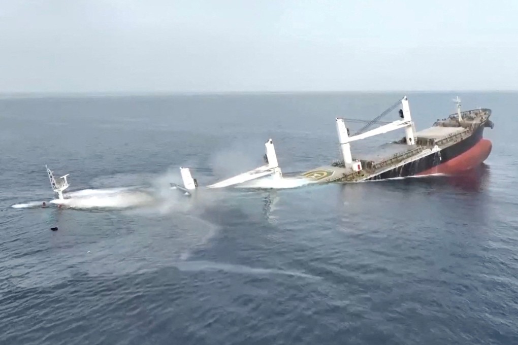A vessel said to be the Greek-operated, Liberia-flagged Eternity C sinks in footage released by Yemen’s Houthis on Wednesday. Photo: Houthi Media Centre via Reuters