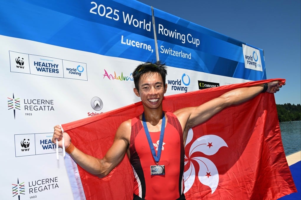 Chiu Hin-chun celebrates winning silver at the World Rowing Cup event in Lucerne, Switzerland, last month. Photo: HKCRA
