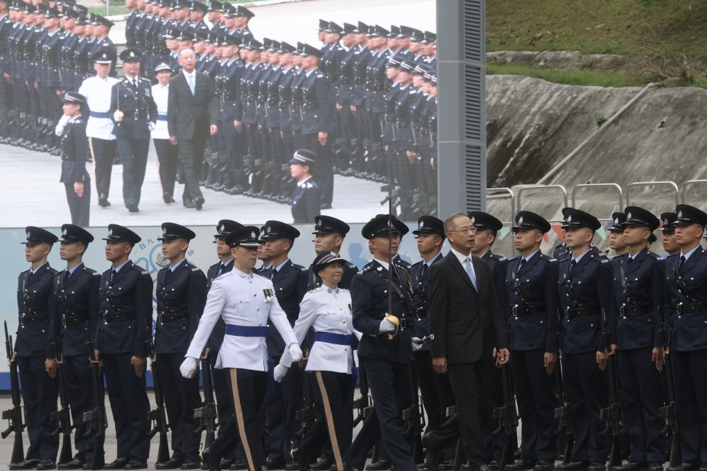 The passing-out parade of probationary inspectors and recruit police constables, at the Hong Kong Police College in Wong Chuk Hang on April 27, 2024. Photo: Jonathan Wong