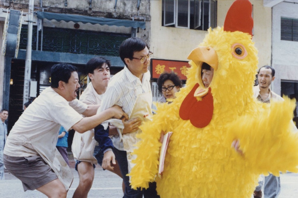 Michael Hui (in glasses and apron) and Ricky Hui (in chicken suit) in a still from Chicken and Duck Talk (1988). The Hui Brothers, which included Sam Hui, defined Hong Kong comedy in the 1970s with films like The Private Eyes, The Contract and Security Unlimited.