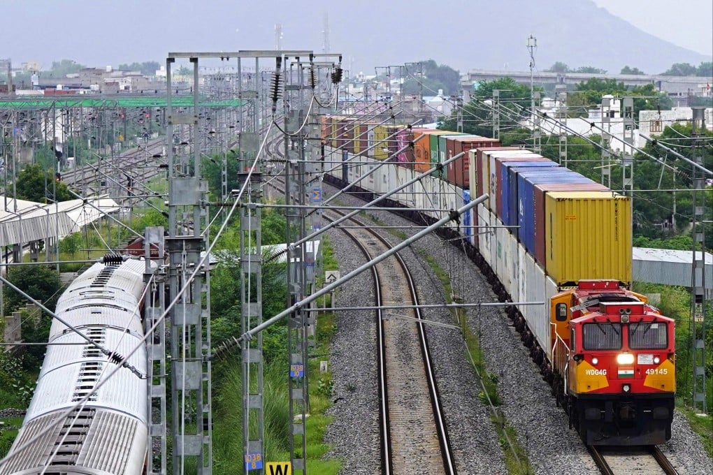 A train transports containers in Ajmer on July 7. India and the United States have been trying to finalise a trade pact to avoid the tariffs that are expected to go into effect on August 1. Photo: AFP
