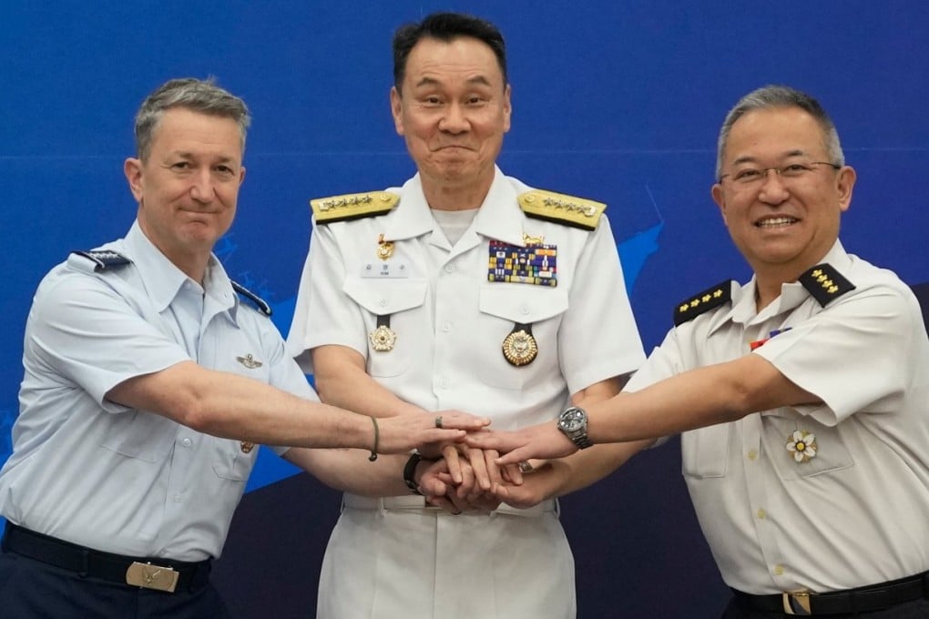 The three joint chiefs of staff - the United States’ Dan Caine, South Korea’s Kim Myung-soo and Japan’s Yoshida Yoshihide. Photo: EPA-EFE