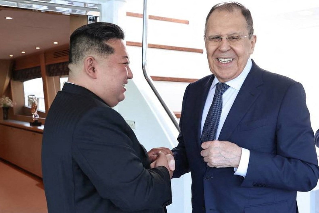 North Korean leader Kim Jong-un meets Russian Foreign Minister Sergei Lavrov during a meeting in Wonsan, North Korea on Saturday. 2025. Photo: Russian Foreign Ministry/Reuters