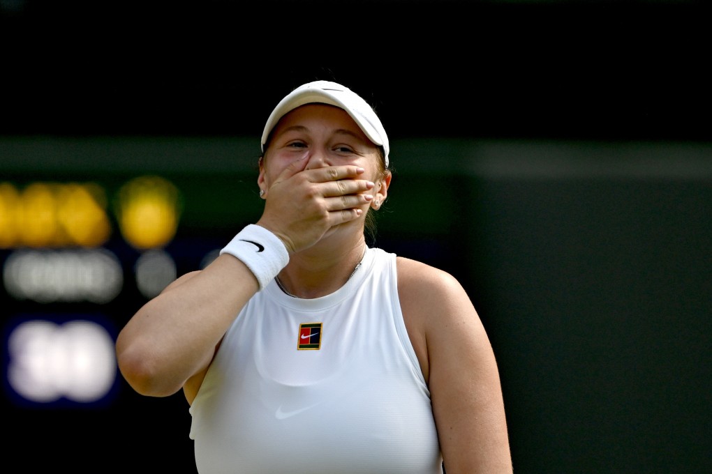 Amanda Anisimova is overcome with joy after beating Aryna Sabalenka in the Wimbledon semi-finals. Photo: Xinhua