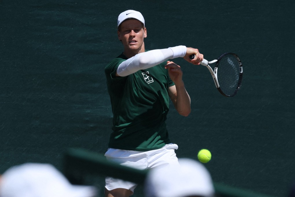 Jannik Sinner gets in some practice at the All England Club ahead of his men’s singles final against Carlos Alcaraz. Photo: Reuters