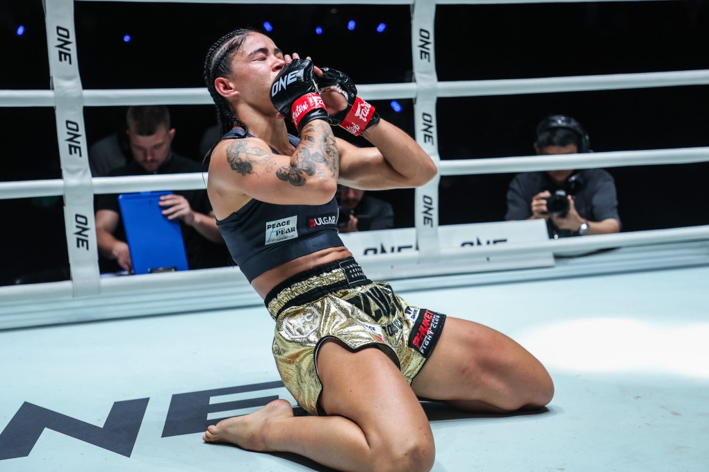 Allycia Hellen Rodrigues drops to her knees in celebration after knocking out Johanna Persson in Bangkok. Photo: ONE Championship