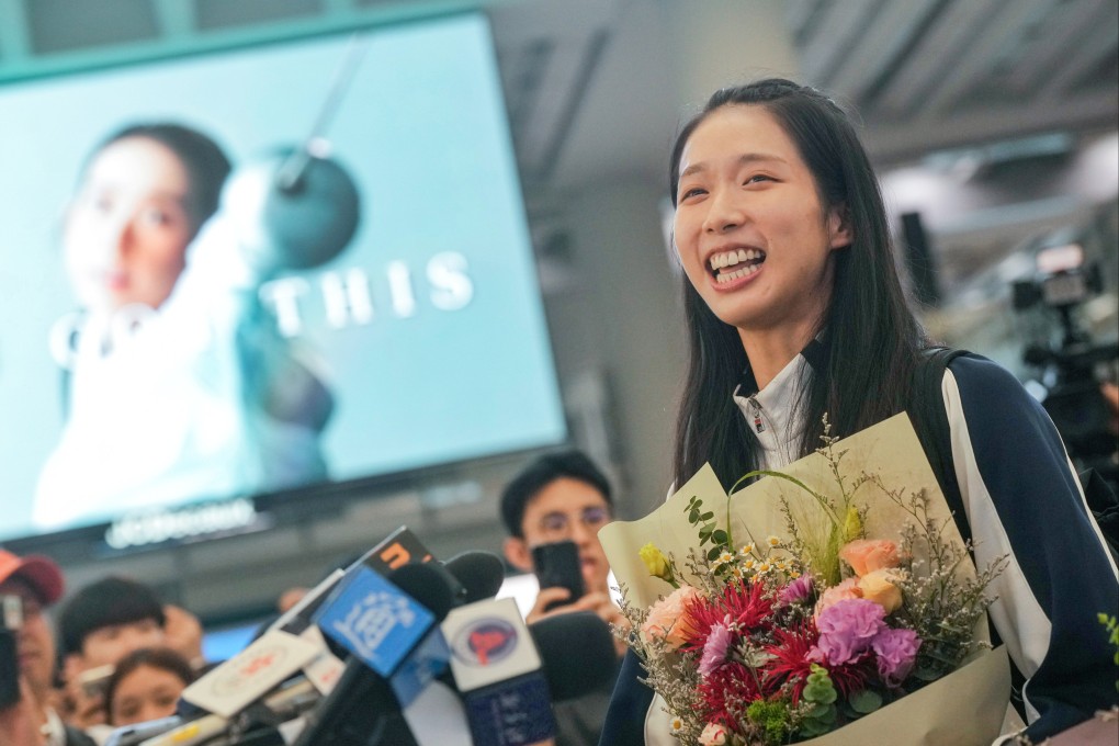 Olympic gold medallist Vivian Kong Man-wai meets the press at Hong Kong International Airport on returning from the Paris Summer Olympics, on August 1, 2024. Photo: Elson Li