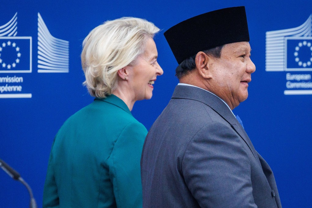 Indonesia’s President Prabowo Subianto (right), and European Commission President Ursula von der Leyen in Brussels on Sunday. Photo: EPA