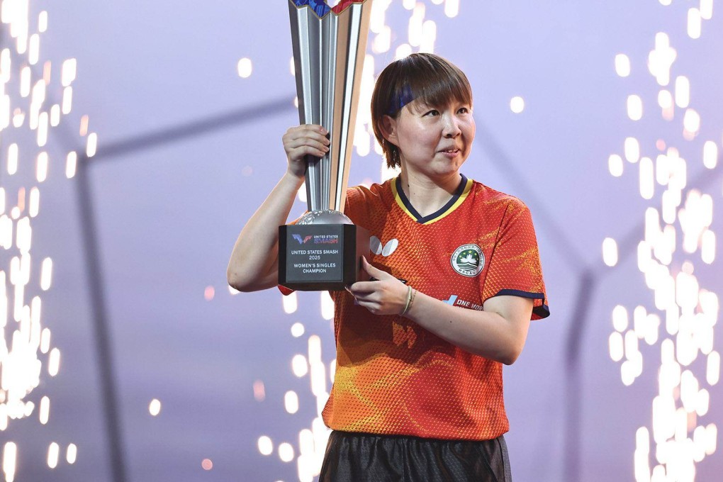 Zhu Yuling with her women’s singles trophy following her final victory over Chen Yi in Las Vegas. Photo: Handout