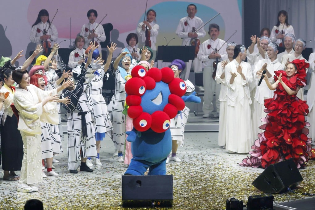 Myaku-Myaku, the official mascot of the World Expo in Osaka, appears on stage during a ceremony marking the event’s “Japan Day” on July 3. Photo: Kyodo