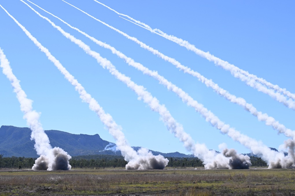 Australian and US HIMARS rockets are launched during the firepower demonstration as part of the Talisman Sabre 2025 joint military exercises on Monday. Photo: EPA