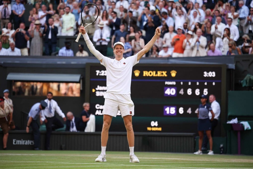 Italy’s Jannik Sinner celebrates after victory against Spain’s Carlos Alcaraz at the end of their Wimbledon men’s final in London on Sunday. Photo: AFP