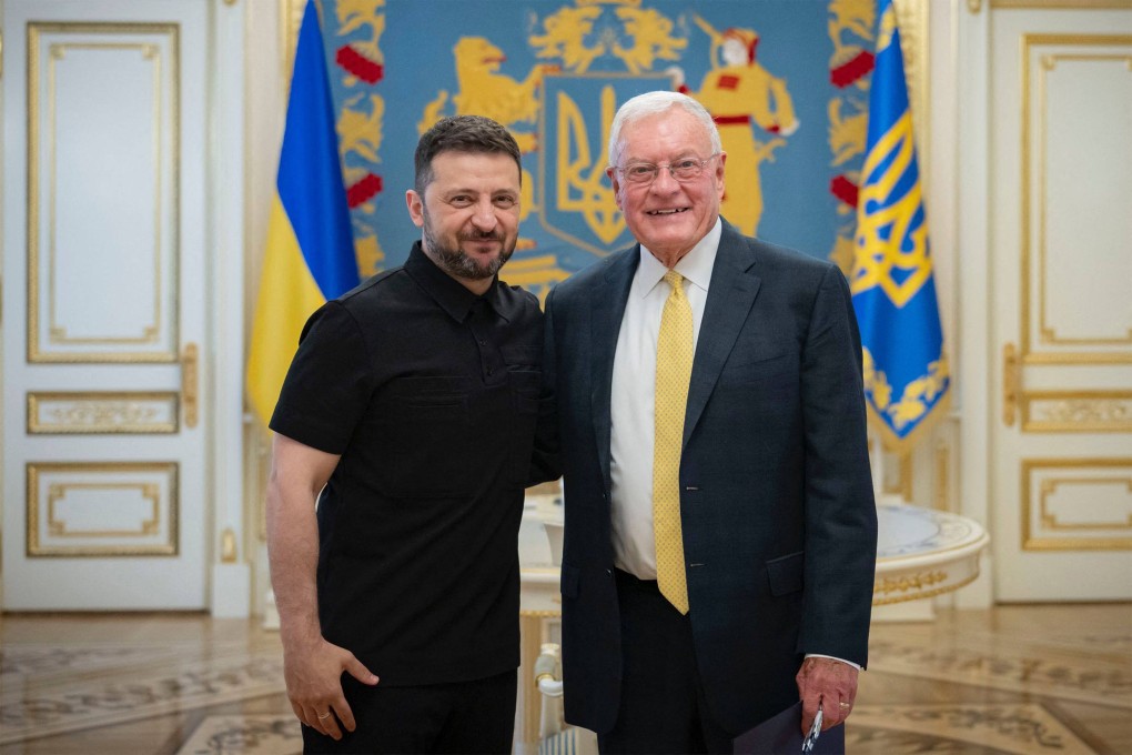 Ukraine’s President Volodymyr Zelensky (left) and US Special Envoy for Ukraine and Russia Keith Kellogg prior to their talks in Kyiv on Monday. Photo: AFP/Ukrainian Presidential Press Service