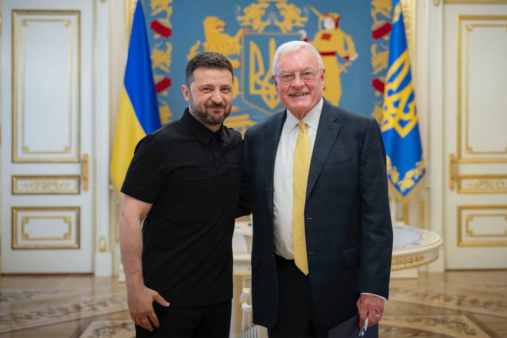 Ukraine’s President Volodymyr Zelensky (left) and US Special Envoy for Ukraine and Russia Keith Kellogg prior to their talks in Kyiv on Monday. Photo: AFP/Ukrainian Presidential Press Service