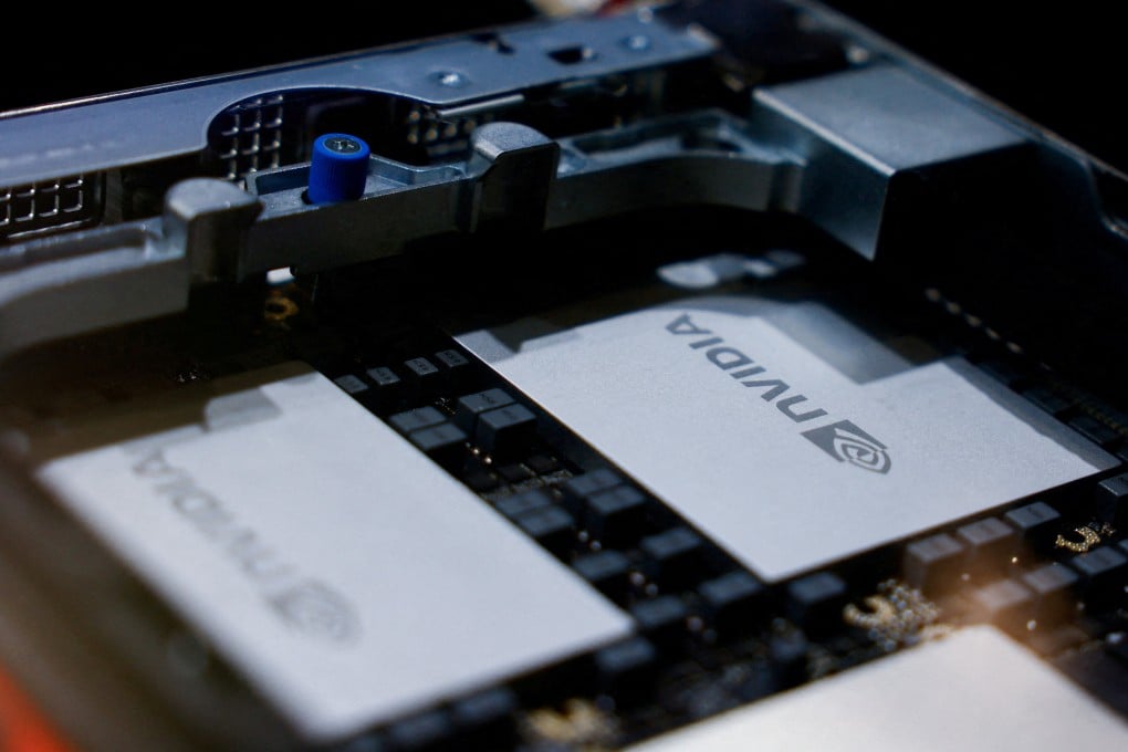 A Nvidia graphics processing unit inside a computer server. High-performance chips are used for AI development. Photo: Reuters