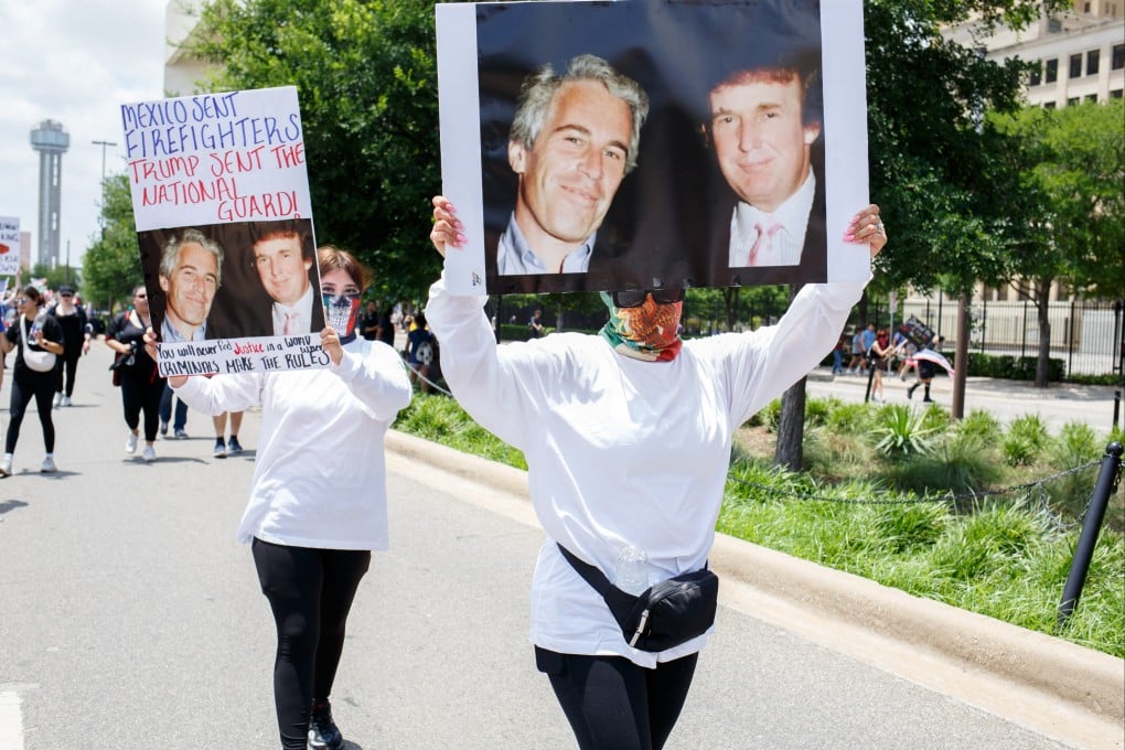 Women holding images of Donald Trump and Jeffrey Epstein during the No Kings protest in Dallas, Texas in June. Photo: ZUMA Press Wire via dpa