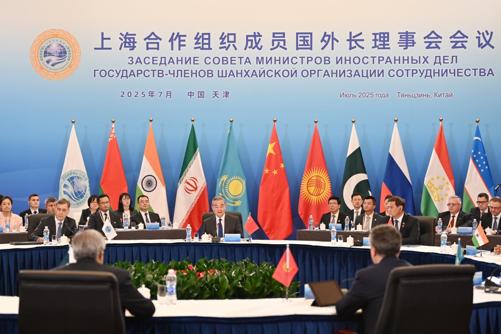 Chinese Foreign Minister Wang Yi addresses the meeting in Tianjin on Tuesday. Photo: Xinhua