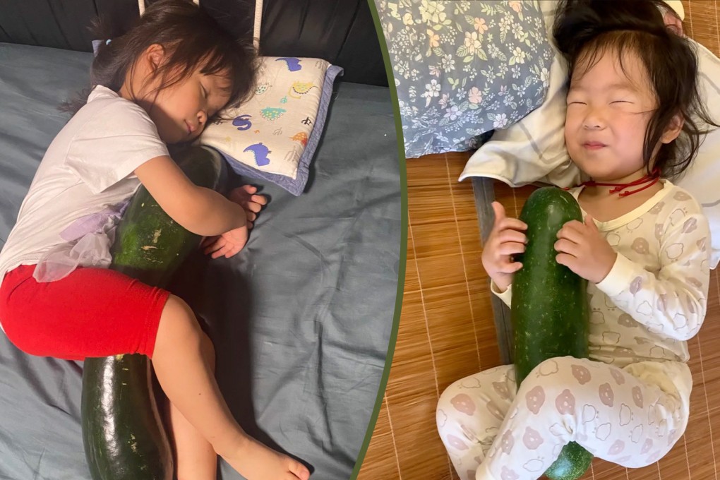 A trend in China features kids and pets cuddling with oversized winter melons to keep cool at night. Photo: SCMP composite/RedNote