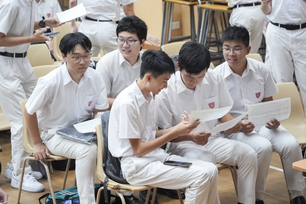 Students at Queen’s College receive their DSE results on Wednesday morning. Photo: Eugene Lee