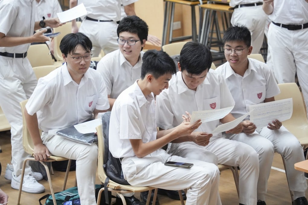 Students at Queen’s College receive their DSE results on Wednesday morning. Photo: Eugene Lee