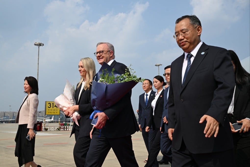 Australian Prime Minister Anthony Albanese (centre right) and his partner Jodie Haydon (centre left) arrive in Chengdu, Sichuan province, on July 16. Photo: EPA