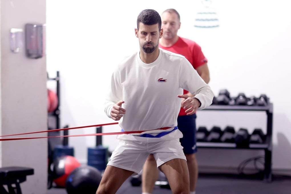Novak Djokovic warms up in the gym prior to his quarter-final match against Cameron Norrie of Great Britain in the Davis Cup Final at Palacio de Deportes Jose Maria Martin Carpena in Malaga, Spain, on November 23, 2023. He talks to the Post about how he approaches health, diet and wellness. Photo: Getty Images for ITF