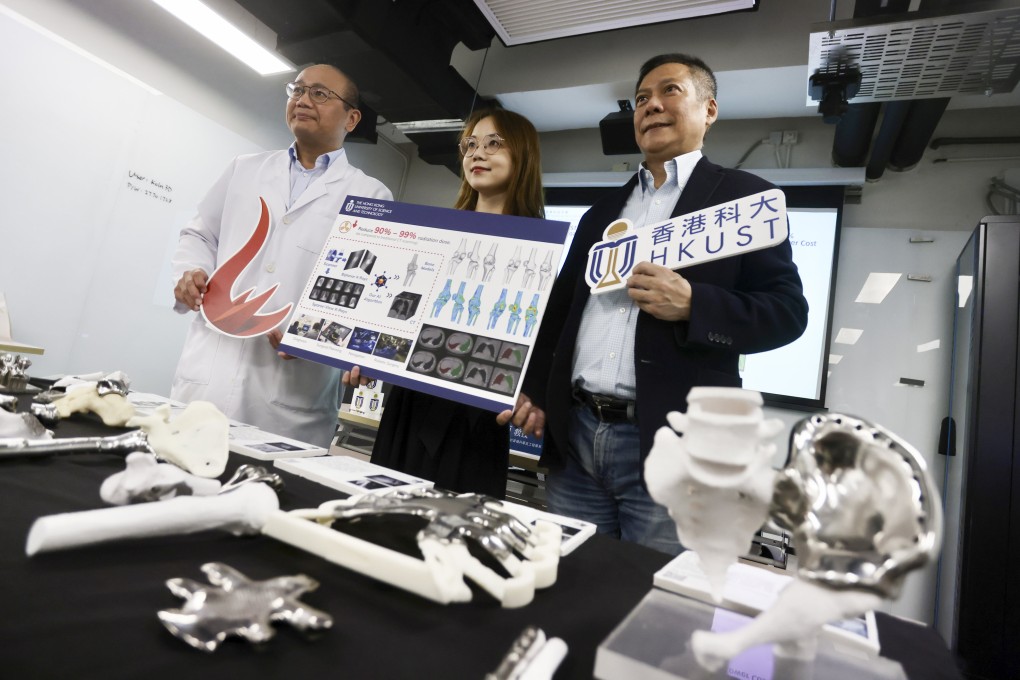 Tse Lung, medical consultant at Koln 3D, left, alongside Li Xiaomeng, assistant professor from the Department of Electronic and Computer Engineering at the Hong Kong University of Science and Technology and Edmond Yau Koln 3D founder, highlight the potential of artificial intelligence technology that generates 3D bone and organ models for implants from X-ray images. Photo: Jonathan Wong