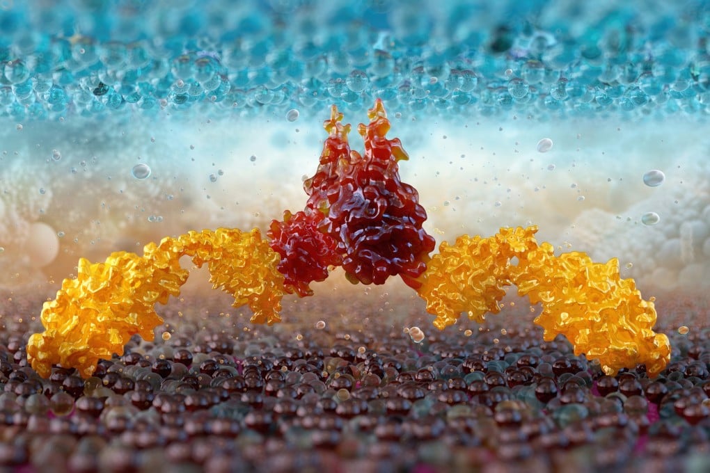 A 3D image of CAR T-cell therapy, showing molecular interaction between a T-cell or NK-cell and a tumour cell. Photo: Shutterstock