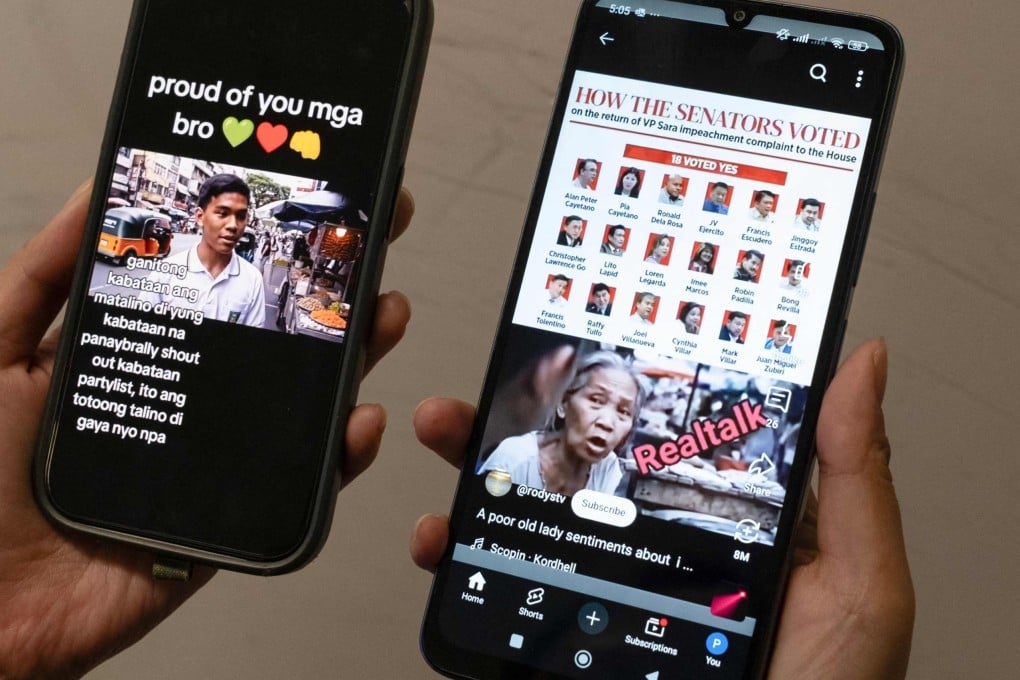 A photo illustration taken in Hong Kong on June 20 shows a person holding two mobile phones with two viral AI-generated videos of students and an old woman voicing their opinions on the impeachment of Philippine Vice-President Sara Duterte. Days after the Philippine Senate declined to launch the impeachment trial of the country’s vice-president, two interviews with Filipinos arguing for and against the move went viral. Neither were real. Photo: AFP