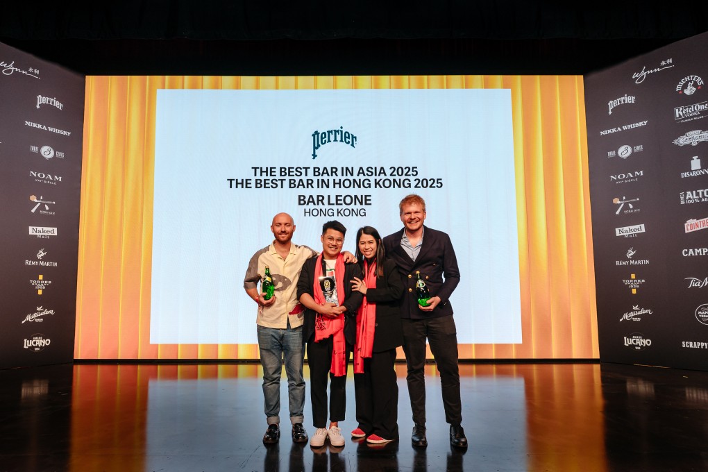 (From left) Lorenzo Antinori, Justin Shun Wah and Wing Lo of Bar Leone celebrate their win at the Asia’s 50 Best Bars Awards 2025. Photo: Handout