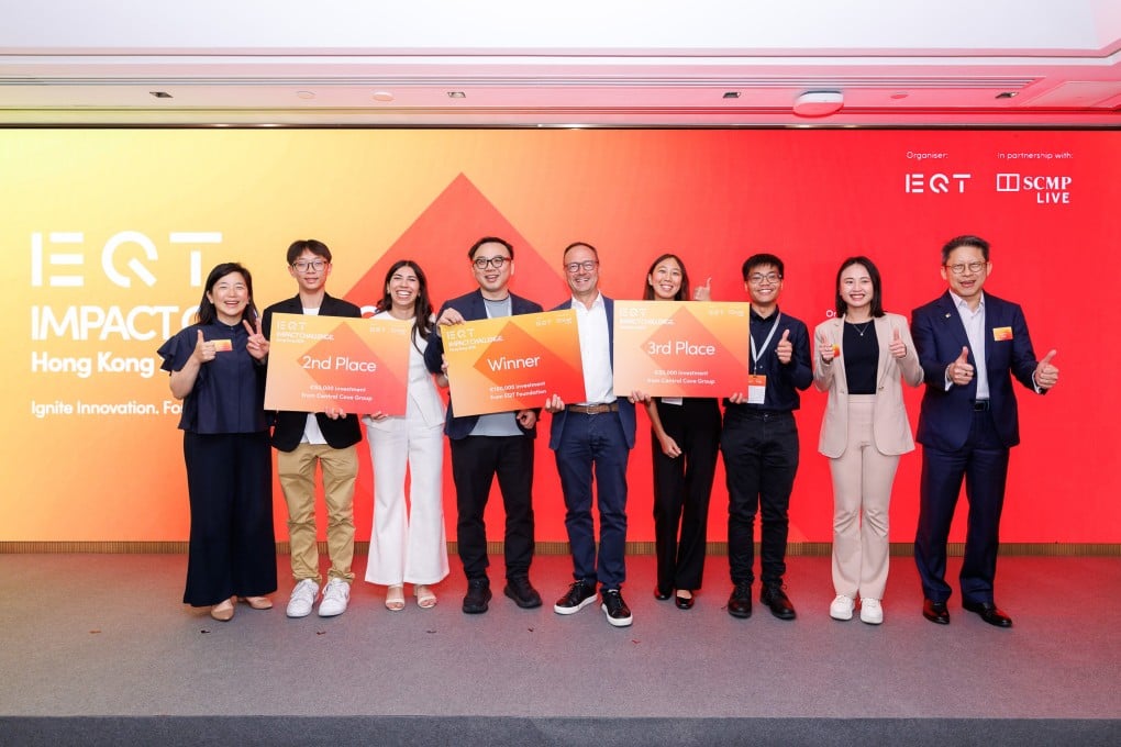Judges and finalists (from left) Erica Ma of CoCoon Ignite Ventures, Adrian Li from Green Vigor, Anjum Rangwala of EQT Foundation, Louis Sze of 2025 EQT Impact Challenge winners Syngular Technology, Jean Salata of EQT Asia, Fariza Zhorabek of Allegrow Biotech, Bill Chan of Alcarbo Technologies, Joyce Li of 01Fintech Group, and Eugene Tang from the South China Morning Post. Photo: SCMP