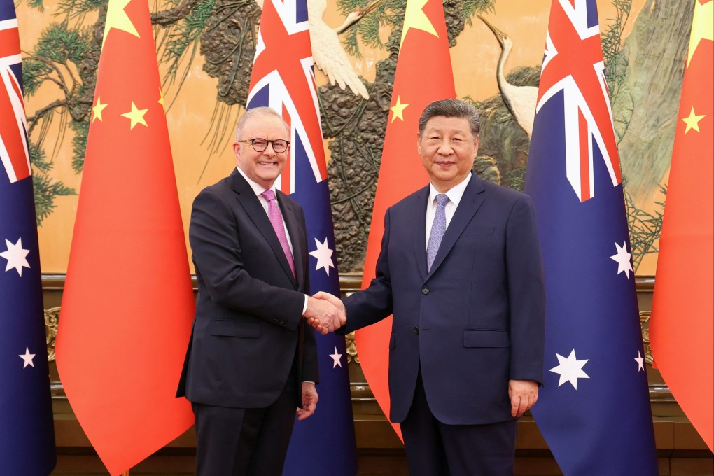 President Xi Jinping welcomes Australian Prime Minister Anthony Albanese to the Great Hall of the People in Beijing on Tuesday, July 15. Photo: Reuters