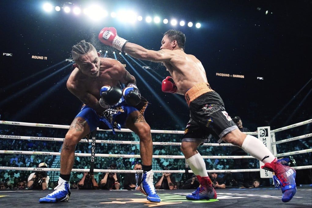 Mario Barrios (left) ducks away from a Manny Pacquiao punch in their welterweight title fight in Las Vegas. Photo: AP