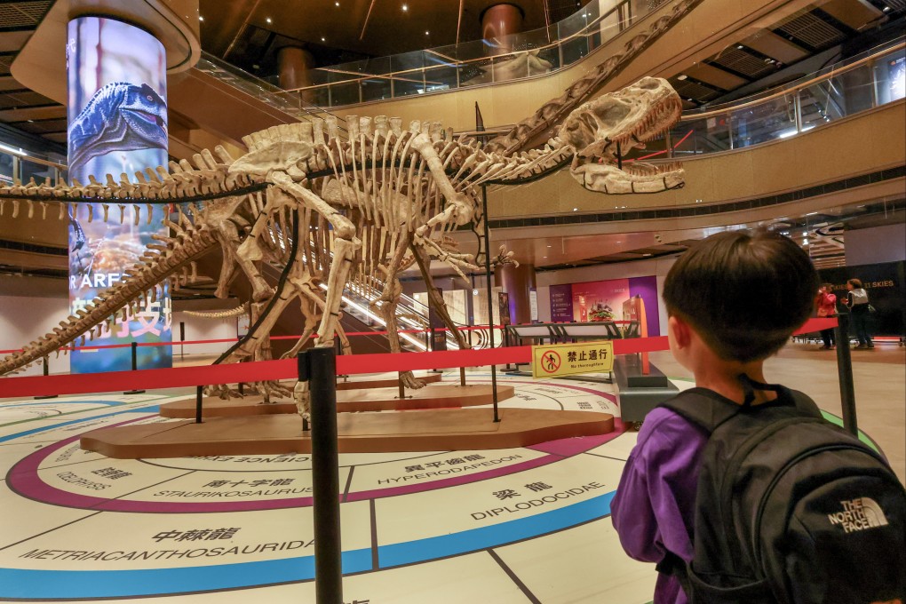 A boy looks at a model of a dinosaur at the “DINO ERA” exhibition in Sky City near Hong Kong International Airport, on March 2. Photo: Dickson Lee