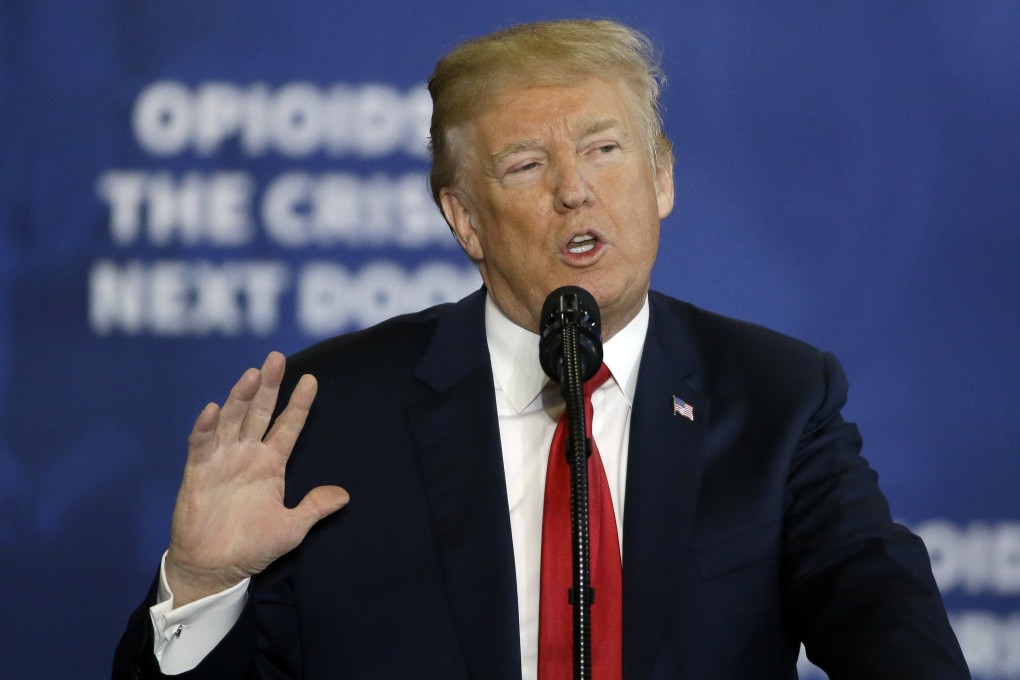 US President Donald Trump speaks about his plan to combat opioid drug addiction in Manchester, New Hampshire, on March 19, 2018, during his first term in office. Trump and his administration have linked tariff negotiations with China with Beijing further cracking down on the fentanyl trade. Photo: AP