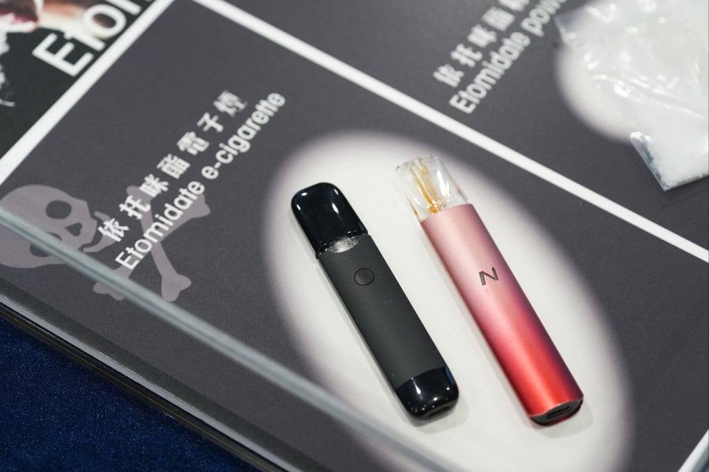 A police spokesman says officers discovered multiple dangerous substances in the flat, including a vape device containing liquid etomidate, the main ingredient in the drug commonly known as “space oil”. Photo: Eugene Lee