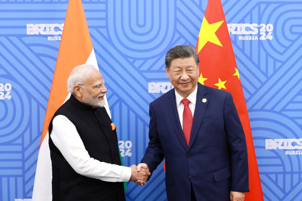 Chinese President Xi Jinping and India Prime Minister Narendra Modi meet on the sidelines of the Brics summit in Kazan, Russia, on October 23, 2024. Photo: China Daily via Reuters