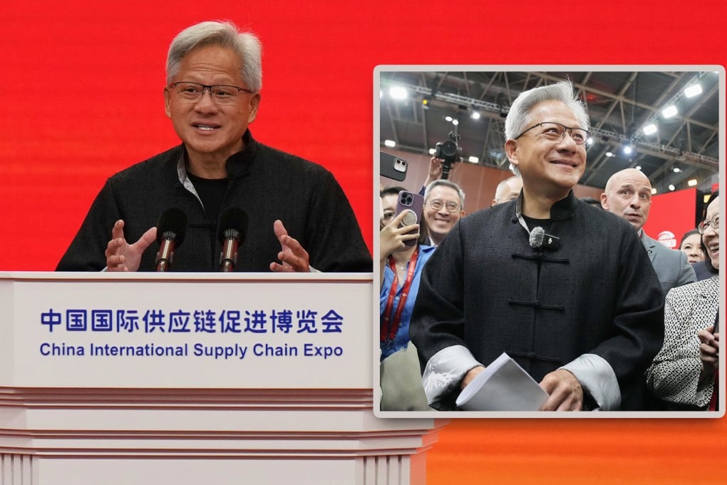 Nvidia CEO Jensen Huang captivates millions of Chinese fans with a charm offensive that includes wearing a Tang suit and speaking imperfect Mandarin. Photo: SCMP composite/AP/Kyodo