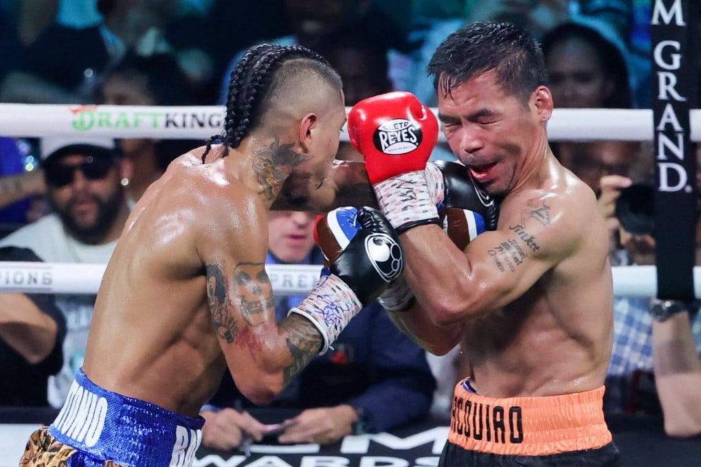Mario Barrios (left) lands a jab on Manny Pacquiao in the 10th round of their WBC welterweight title fight at Las Vegas’ MGM Grand Garden Arena on Saturday. Photo: AFP