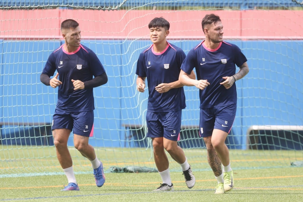 Tan Chun-lok (middle) training with Kitchee teammates Juninho (left) and Kendy Ikegami. Photo: Edmond So